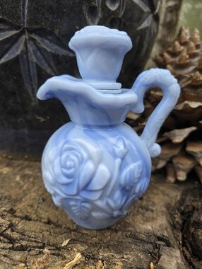 Vintage 70's Avon May Blue Blue Milk Glass Floral Pitcher Creamer Oil EMPTY